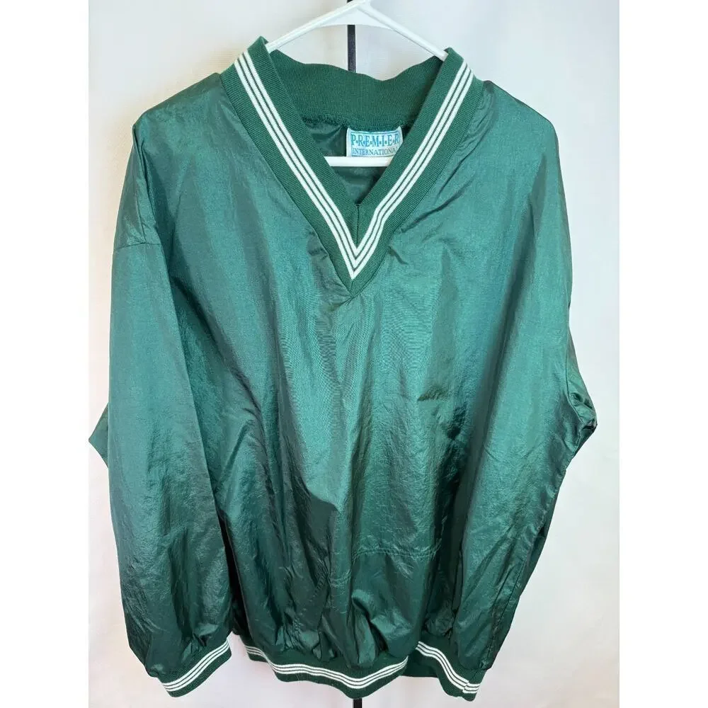 Vintage Premier International Green Pullover Windbreaker V Neck Athletic XL